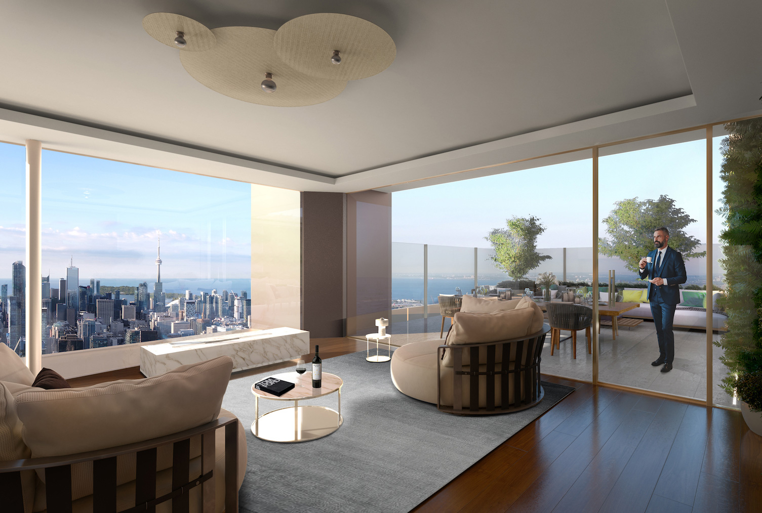 A digital render of a living room from a penthouse of the one in the morning