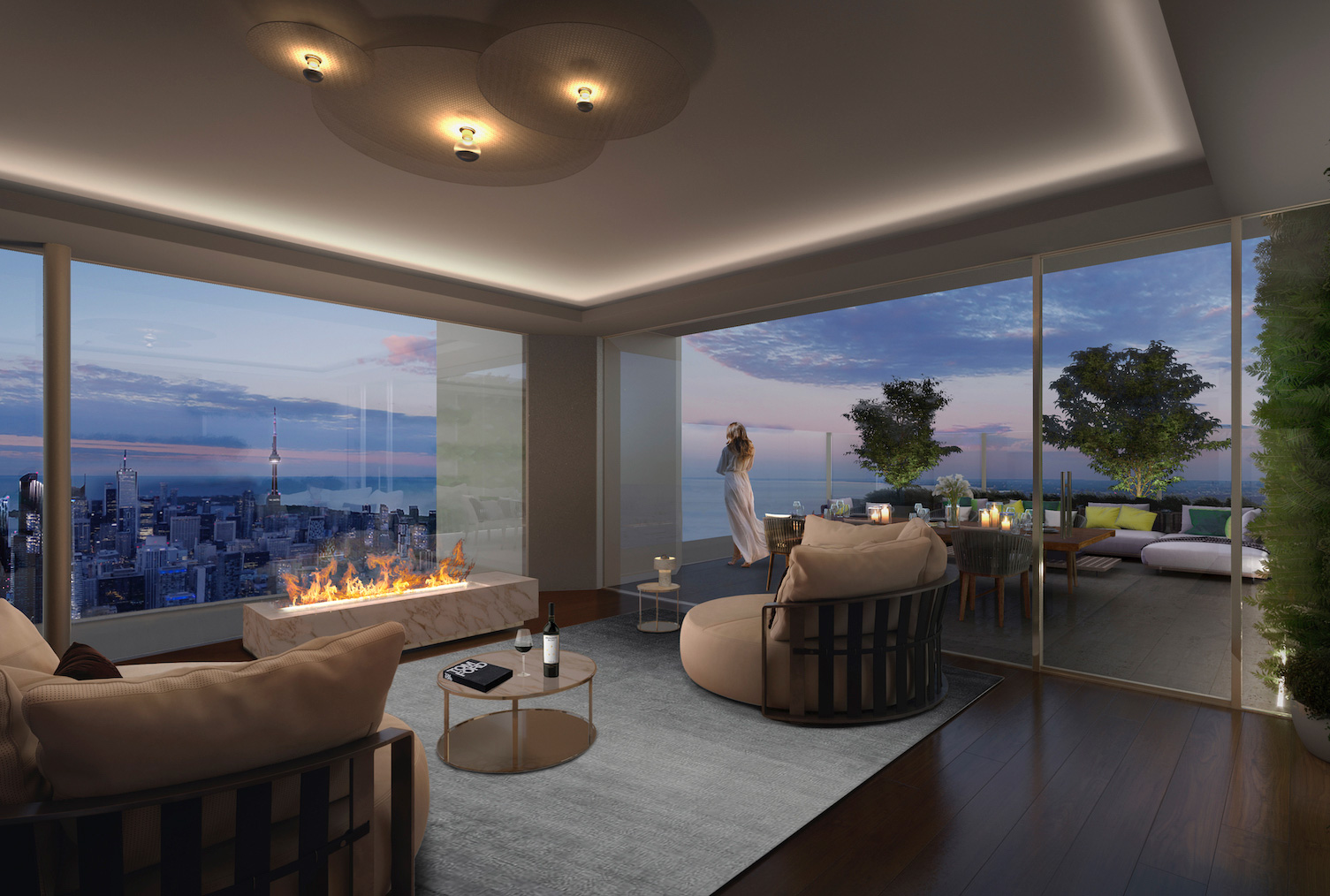 A digital render of a living room from a penthouse of the one at dusk