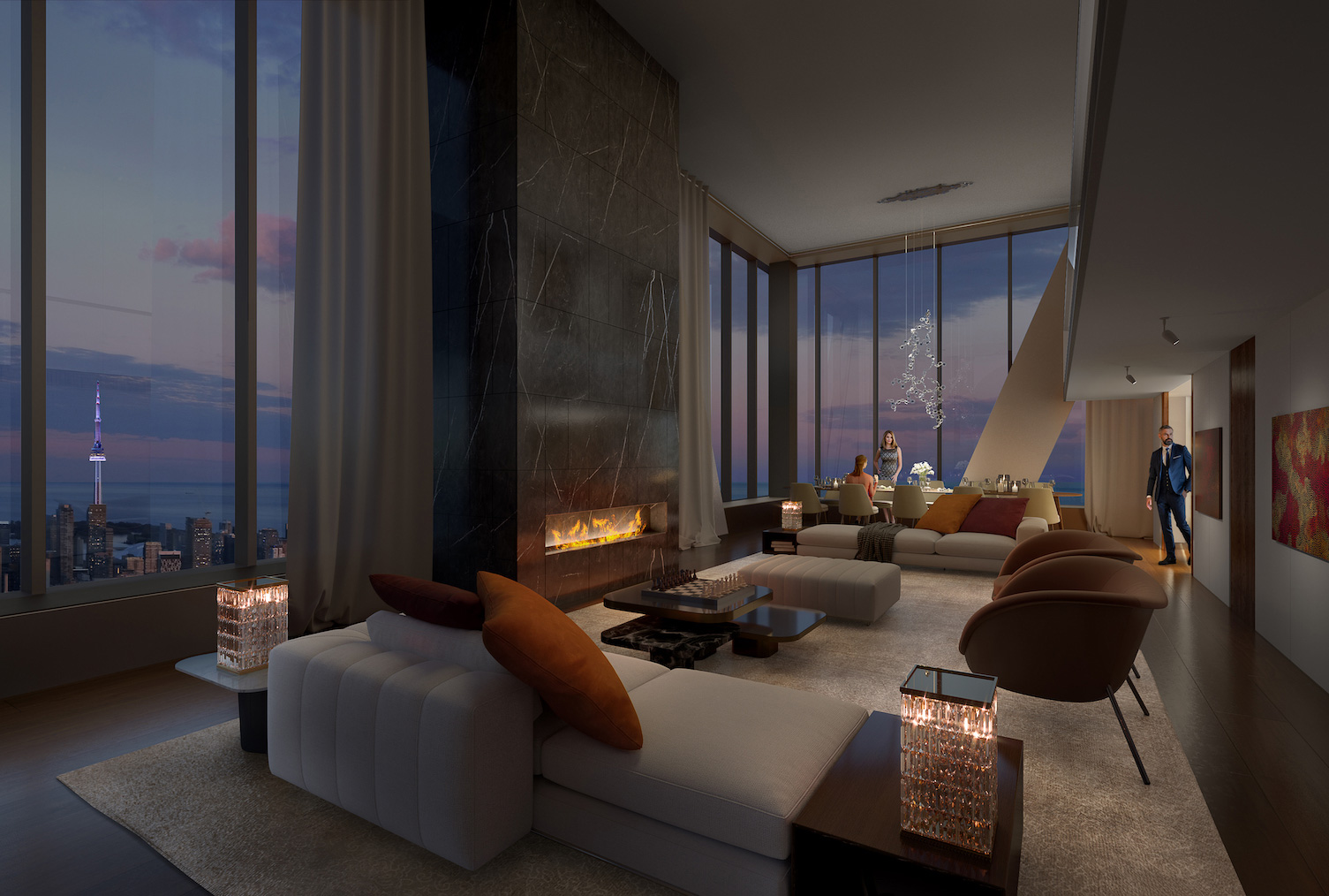A digital render of a living room from a penthouse of the one